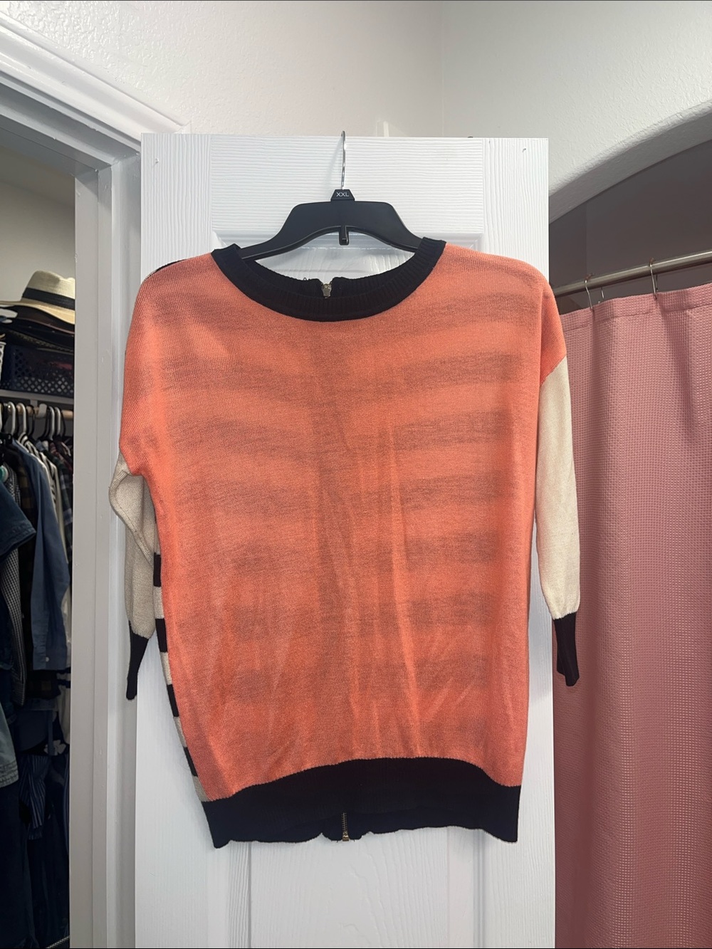Striped Coral and Cream 3/4 Sleeve Knit Sweater with Black Trim Back Zip